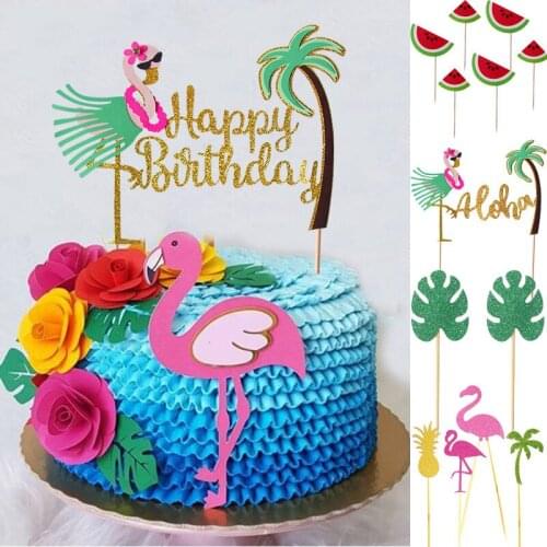 CYUAN Summer Birthday Party Cake Toppers Cupcake Decoration Flamingo Pineapple Aloha Cake Decorating for Tropical Hawaii Party