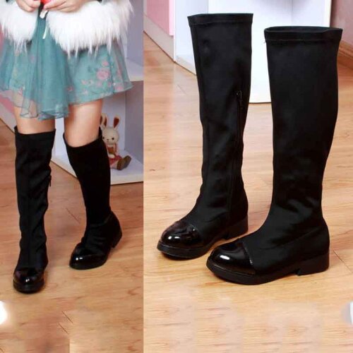 Princess Girls Long Boots Leather+Stretch Fabric Over Knee Comfortable Boots Fashion Dress Shoes Baby or Students Flat Shoes