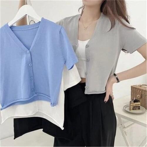 Korean new Women V-Neck Knitted Short Sleeve Cardigans Lady Summer Thin Above Navel Sweater Shirt Crop Tops For Girls ZY5662