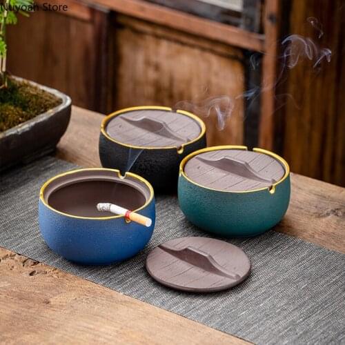 Creative Ashtray Ceramic Retro Ashtray Household Anti-fly Ash Storage Box Cigar Ashtray Household Living Room Storage Decoration