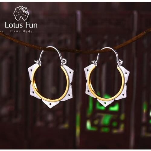 Lotus Fun Real 925 Sterling Silver Natural Creative Handmade Fine Jewelry Minimalist Lotus Flower Hoop Earrings for Women
