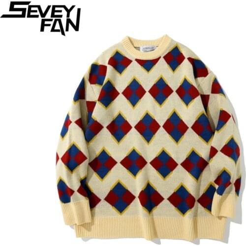SEVEYFAN Mens Fashion Diamond Jacquard Sweaters BF Loose O Neck Cotton Kintwear Hip Hop Pullover Sweater for Couples