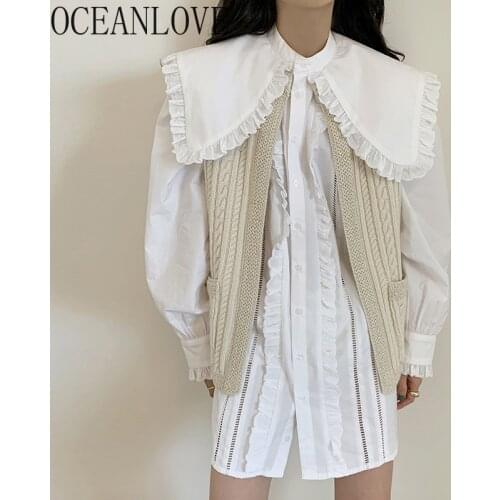 OCEANLOVE Korean Sweet Peter Pan Collar Patchwork Blusas Mujer 2021 Spring Single Breasted Solid Loose Fashion Long Sleeve Tops