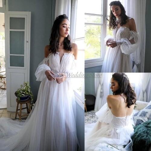 Charming Soft Tulle A Line Wedding Dress Bridal Gowns Strapless Puff Sleeves Ruched Pleat Court Train Vestido De Noiva