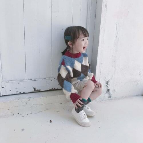 Autumn Winter Girls Sweaters Childrens Sweater For Boys Warm Plus Velvet Thicken Rhombic Lattice Sweater Fashion Kids Pullover