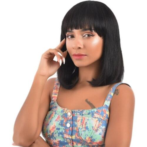 Wig air bangs headgear real human hair full Qi Qi bangs bob wig real human hair cover