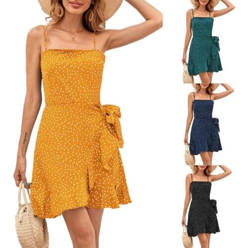 Sling Dress Polka Dot Printing Lace Up 4 Colors Lady Irregular Ruffle Hem Dress Sexy Beach Sundress Vintage Casual Dress Female