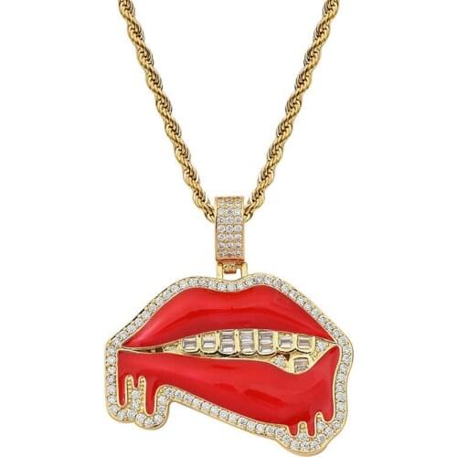 New Red lips dripping Pendant with Baguette paved Gold Color High Quality Iced Out Cubic Zirconia For Gift