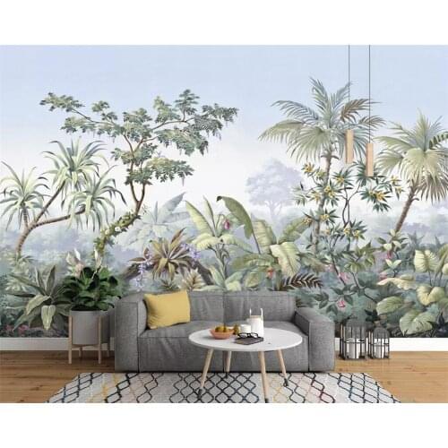 Custom wallpaper European retro hand drawn garden trees rainforest banana coconut tree wall paper TV background 3d wallpaper