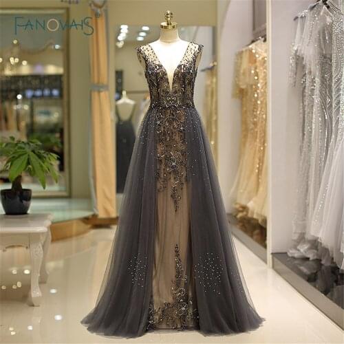 Luxury 2018 Evening Dresses 2 Color Long A-Line V Neck Crystal Beaded Prom Dress 2019 Formal Evening Gown Vestido de Fiesta QS12