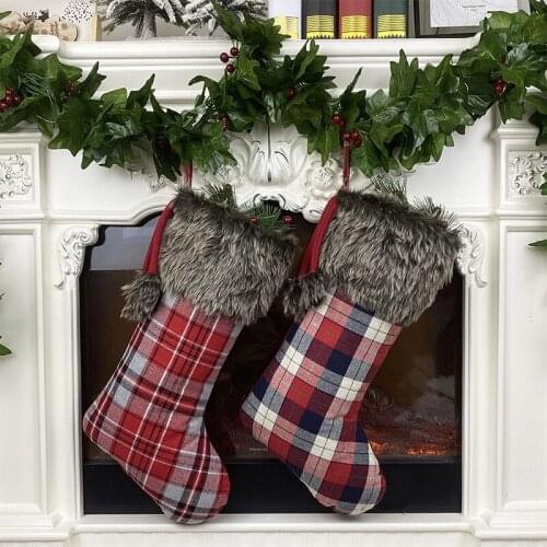 Plaid Christmas Stockings 18" Burlap with Large Plaid Plush Faux Fur Cuff Stockings for Xmas Home Decor Happy New Year 2021