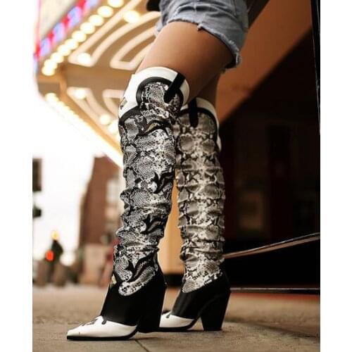 Newest Woman Patchwork Python Loose Over The Knee Boots Pointed Toe Chunky Heels Slip On High Top Tube Long Boots Shoes Yellow