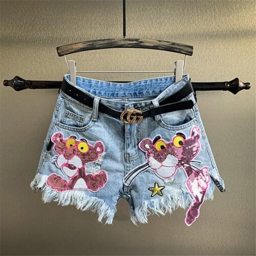 Blue Denim Shorts Women Cartoon Sequins Fashion Tassel High waist Jeans Shorts Female Summer Loose Wide leg Short Pants Jeans