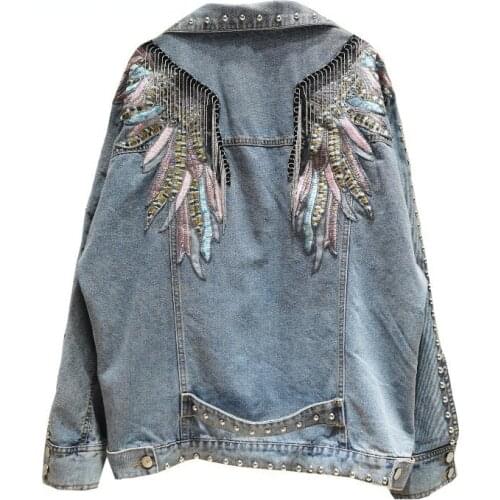 Nowsaa Rivet Wings Coats Women Casual Embroidered Denim Jacket Sprint Short Denim Coat Jackets Women Long Sleeve Chaqueta Mujer