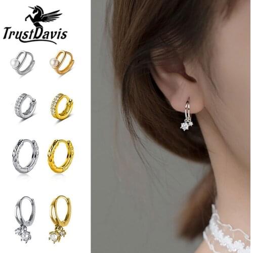 TrustDavis Real 925 Sterling Silver Fashion Gothic Geometric Shiny CZ Hoop Earrings For Women Wedding Party Fine Jewelry DB1335