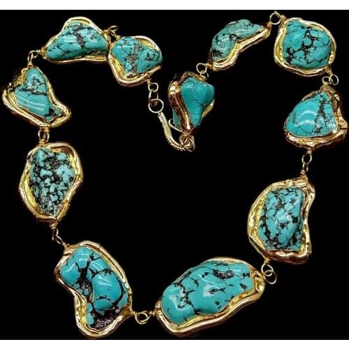 YYGEM Freeform Blue Turquoise Nugget With Electroplated Edge strand Wrap choker necklace ethnic style for women 18"