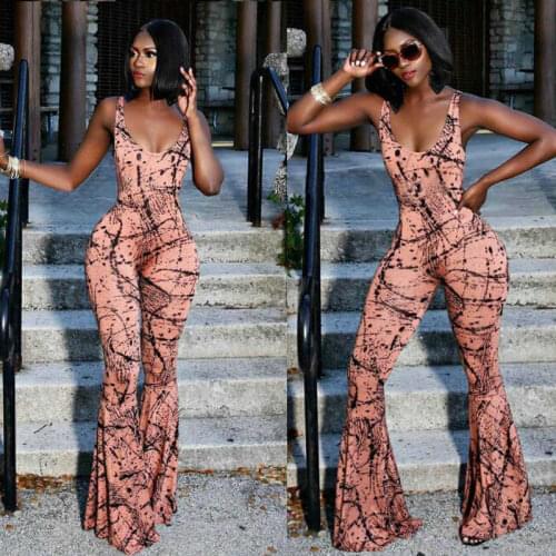 Womens Summer Boho Wide Legs Jumpsuit Printing Sling Backless Sleeveless Long Flare Pants Skinny Slim Party Overalls