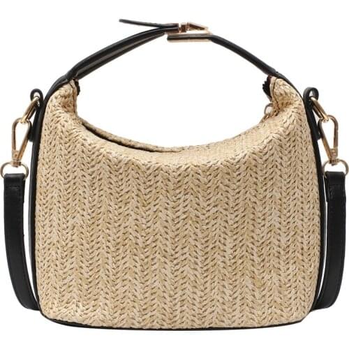 Ladies Fashion Straw Messenger Bag Knitting Summer Purse and Handbag All-Match Bucket Small Square Bag