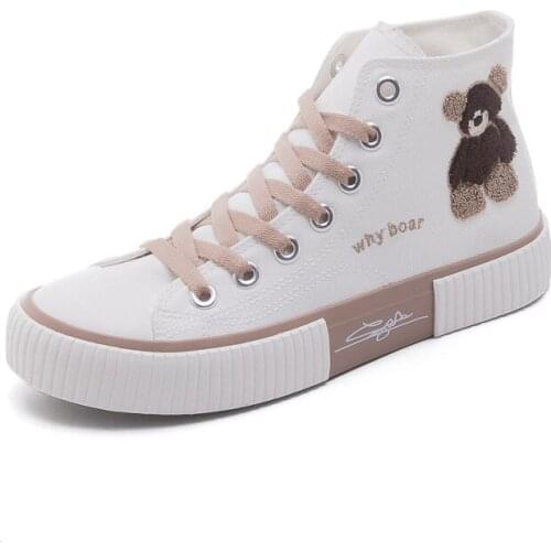 Spring And Autumn New Ladies Non-Slip Canvas Shoes Wild Breathable Cute Bear High Help Students Ins Trend Vulcanized Sneakers40