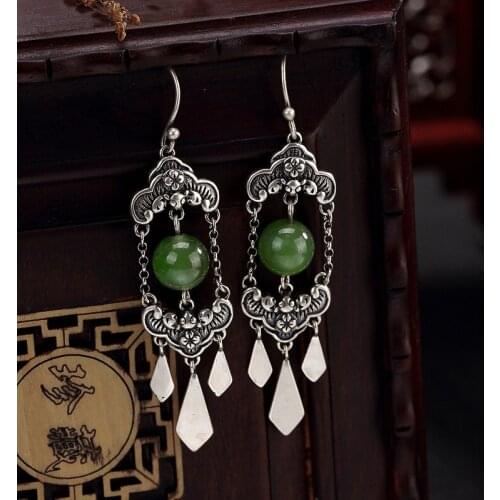 Real S925 Pure Natural Hetian Jade Drop Earrings For Women Retro Long Tassels Earring In Front Fringe Upscale Fine Jewelry Gifts