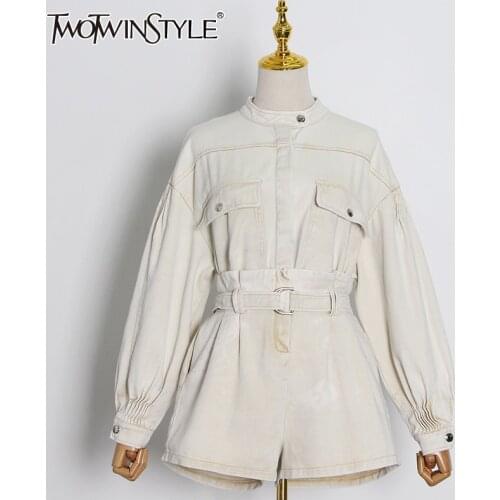 TWOTWINSTYLE Casual Two Piece Set For Women Stand Collar Lantern Sleeve Tops High Waist With Sashes Wide Leg Shorts Sets Women