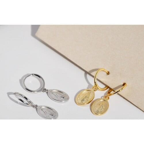 925 Sterling Silver Earring Retro Santa Maria Mother Coin Geometric Oval Round Short Drop Earring Wild Trend Women Girl Ear Jewe