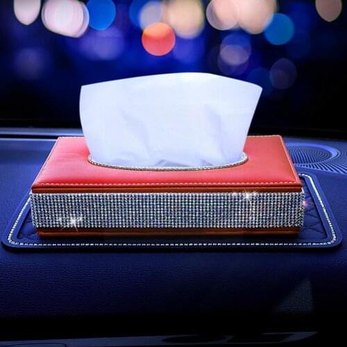 Car Sun Visor Tissue Holder PU Leather Diamond Bling Tissue Box Backseat Clip Rhinestones Case Hanging For Women Napkin Gir F0B5