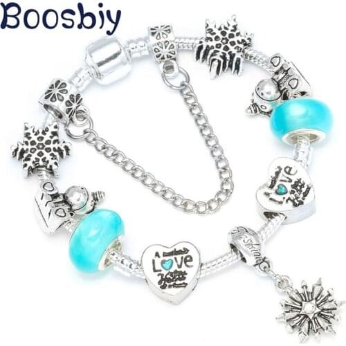 Boosbiy High Quality Silver Plated Snake Chain Charm Bracelet With Love Heart Beads Fits European Style Fine Jewelry for Women