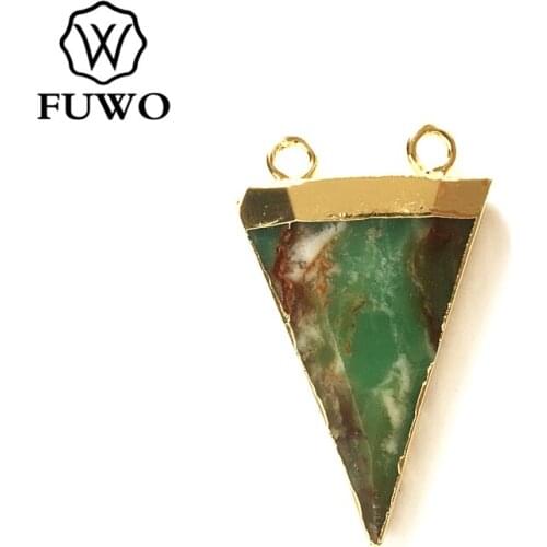 FUWO Natural Chrysoprase Pendant With Gold Trimmed Fashion Triangle Double Hook Semi-precious Stones For Necklace Making PD306