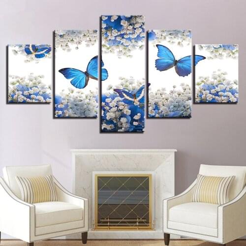 Framed Canvas Painting Wall Art Home Decor HD Print Poster 5 Pieces Blue Butterflies And White Gypsophila Paniculata