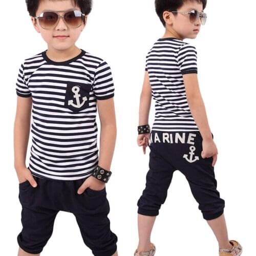 Summer toddler boy clothes set kids short sleeve shirts pants girls clothing babys children tshirts black white striped shirt