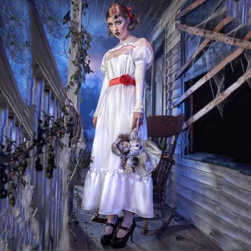 Halloween Ghost Bride Cosplay Costume Annabelle Doll Dress White Women Long Princess Dress Fancy Carnival Party Dress Outfits