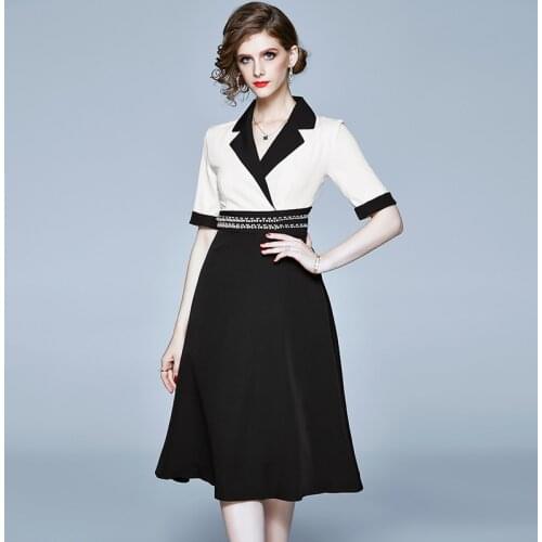 Summer Beads Mid Dresses Splicing Black and White Contrast Color Hepburn Thin Dress Office Lady Turn-down Collar Dress Evening