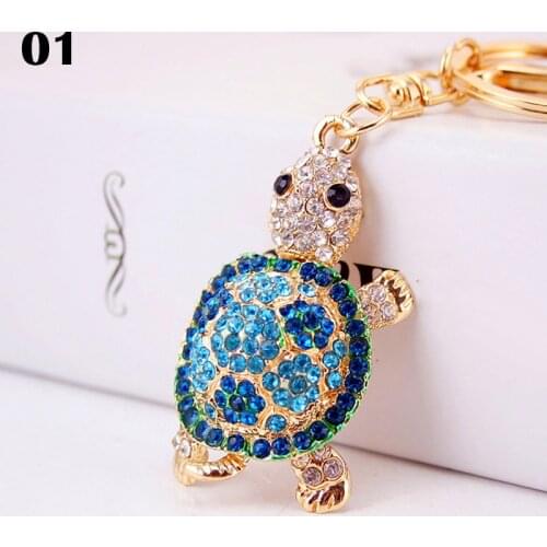 Fashion Colorful Rhinestone Turtle Keychain Cute Gold Color Animal Metal Car Purse Bag Pendant Accessories Key Rings Gift