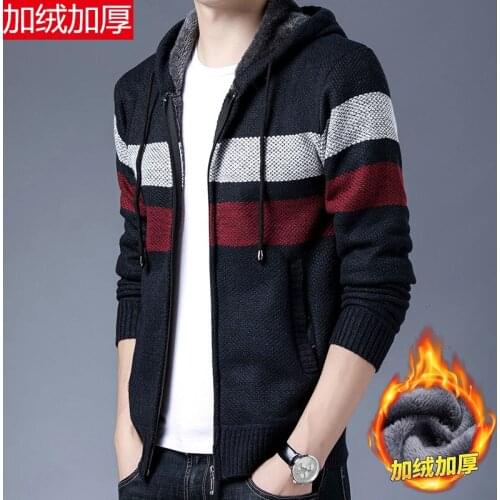 M-4XL large size sweater mens autumn winter coat fleece thick thermal sweater coat casual striped cardigan jacket