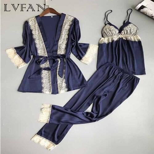 New Autumn Winter Womens Ice Polyester Silk Three-Piece Sexy Sling Pajamas Nightgown Trousers High-End Pajamas Z005