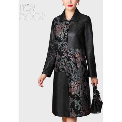 Novmoop genuine leather women overcoat spliced printed sheepskin delux flora pattern French elegant style Veste en cuir LT3385