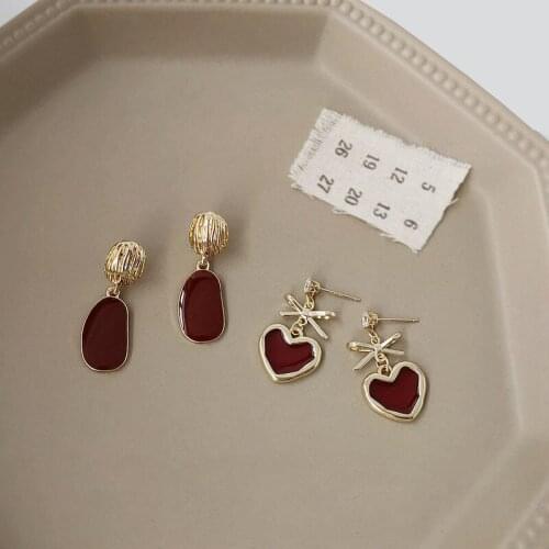Origin Summer Luxury Wine Red Love Heart Irregular Geometric Dangle Earrings for Women Gold Metal Enamel Dangle Earrings Jewelry