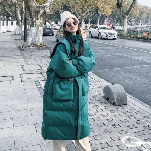 Womens Coat Winter New Stand-up Collar Casual Loose Waist White Duck Down Long Thick Solid Color Korean Fashion Jacket Female