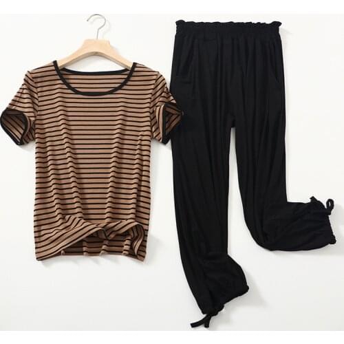 L-2XL Striped Summer Pajamas Women Short Sleeve Pijama Bloomers Cropped Trousers 2 Piece Set Casual Home Wear Pyjamas Suit