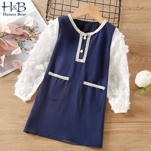 Humor Bear Girls Dress New Spring Autumn Puff- Sleeve Korea Style Floral Patchwork Princess Dress Toddler Kids Clothes