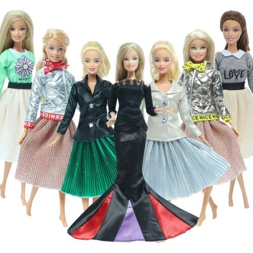 Handmade Lady Doll Dress Cool Outfit Black Coat Pleated Skirt Shiny Jacket Casual Wear Clothes for Barbie Doll Accessories Toy