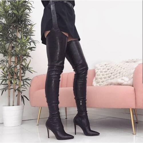 Over-the-knee Chelsea Boots Pu Leather Black Sexy Long Boots Fashion High Heels Women Boots Waist Belt Shoes Woman Botines Mujer