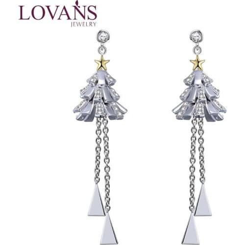 LOVANS 925 Sterling Silver Zirconia Drop Earrings Dangle Hanging Earring Christmas Tree Shape Fashion Ladies Jewelry