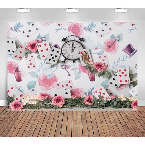 Alice In Wonderland Pink Rose Blue Cups Photo Background Retro Clock with Playing Cards and Flower Backdrop for Kids