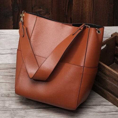 New style handbags leather European and American style cowhide bucket bag solid color one-shoulder portable shopping trendy bag