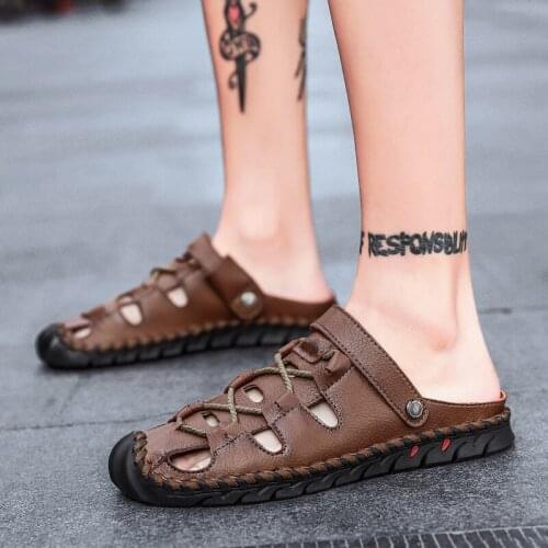 Summer classic dual-purpose mens shoes summer soft-soled sandals hand-stitched slippers, outdoor travel river shoes large size