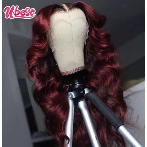 Ubest Burgundy Peruvian Body Wave Lace Front Wigs Big Wave Colored Human Hair Wigs for Women Pre-Plucked 99J Transparent Lace