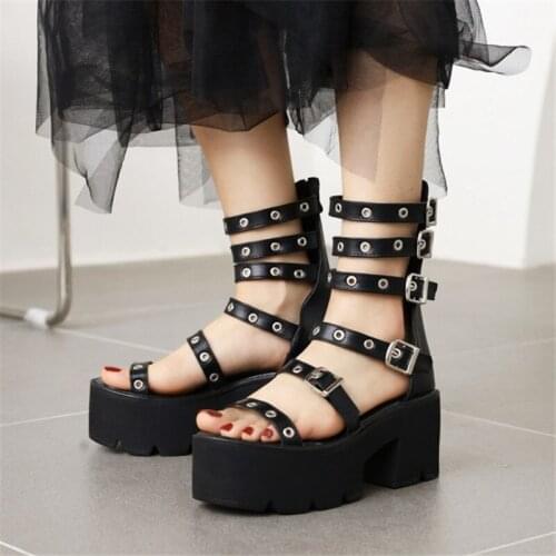 PXELENA 35-44 Street Motorcycle Punk Rock Gothic Gladiator Sandals Women Buckle Platform High Heels Chunky Rome Hollow Out Shoes