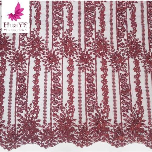 High Density Burgundy HandWork Beads Lace Net Embroidery With Pearls Sequins Fabrics HY1095